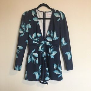 Blue Floral Deep-V Romper